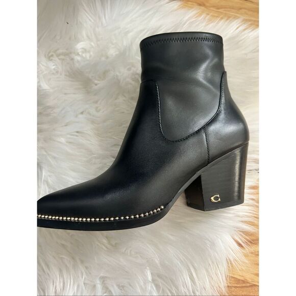 COACH Pell Studded Leather Booties Black Gold Studs Boots Size 7 - Picture 2 of 8